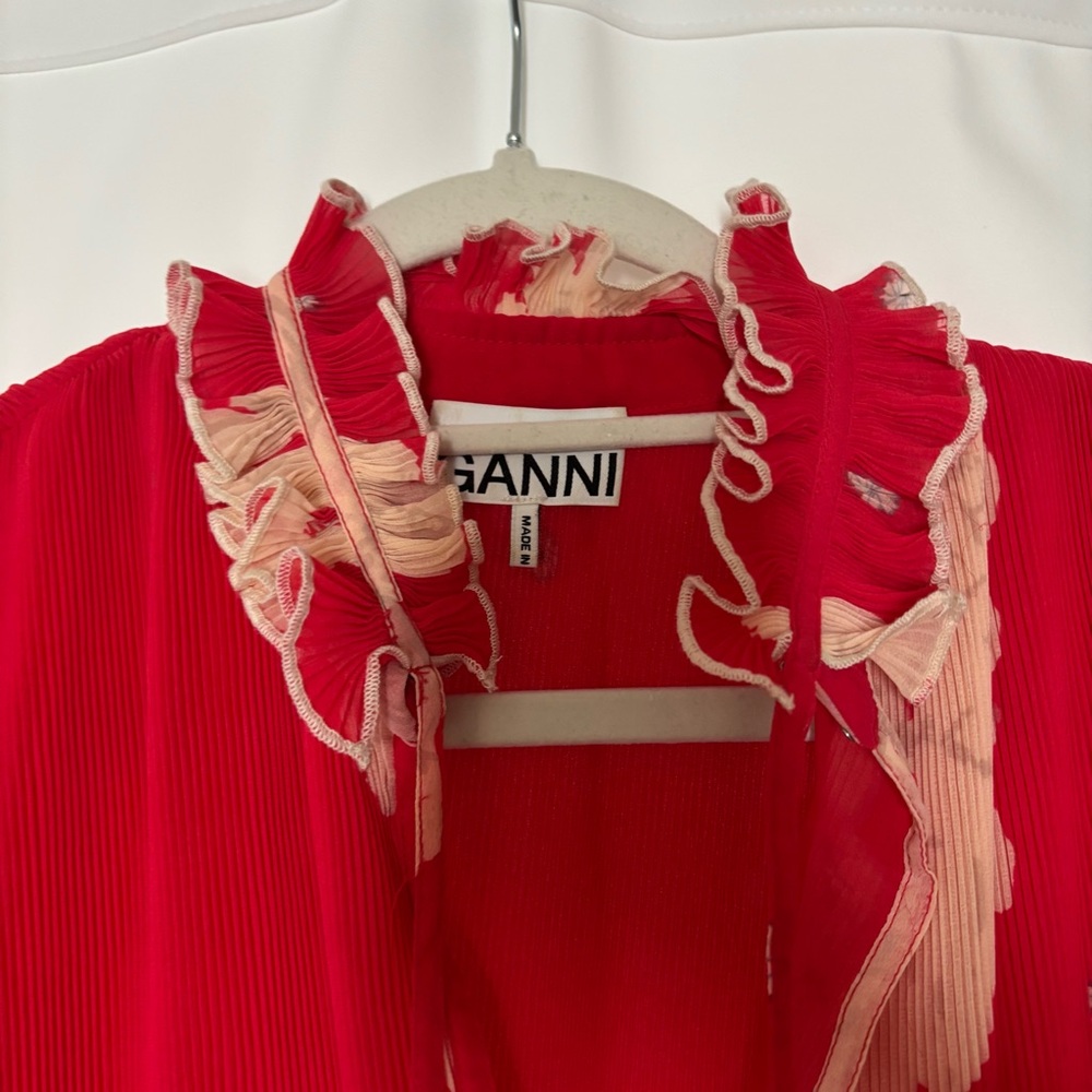 Ganni Red Tie Front Georgette Mini Dress Lollipop - Picture 4 of 8